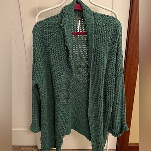 Free People Green I'll Be Around Oversized Fringe Open Front Cardigan
